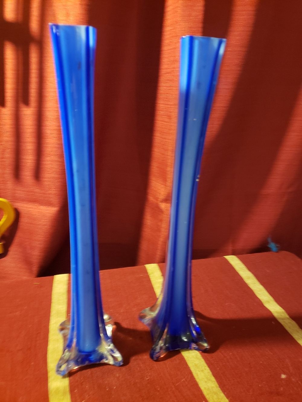 Set Of 2 Gorgeous Vtg. Cobalt Blue Blown Glass Ultra Thin Bud Vases, 12.5"x3.0"